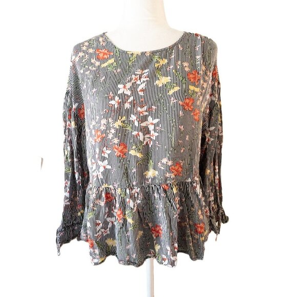 Pleione Floral Striped Long-Sleeve Peplum Blouse With Keyhole Back Detail SZ M - Picture 2 of 11